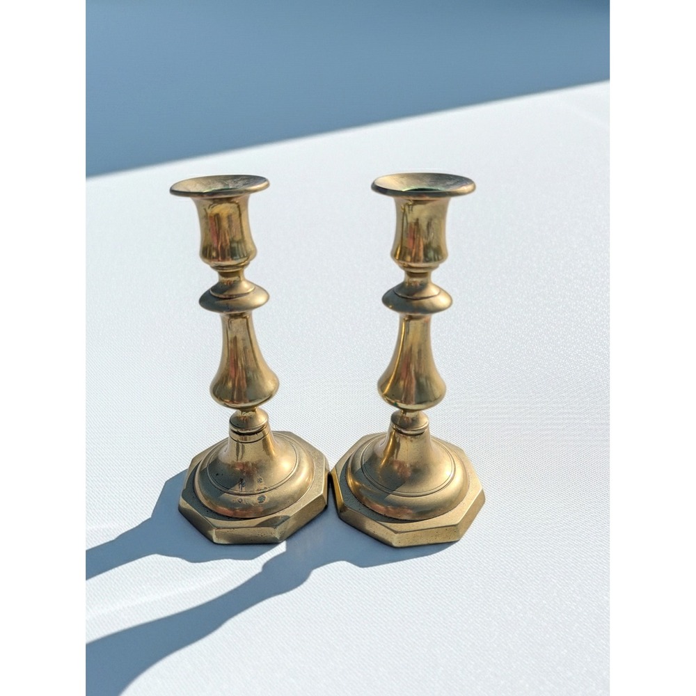 VTG Solid Brass Candlesticks Pair 7.5" Octagon Base Grandmacore Moody Heritage